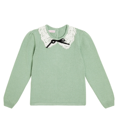 La Coqueta Kids' Lace-trimmed Wool-blend Sweater In Green