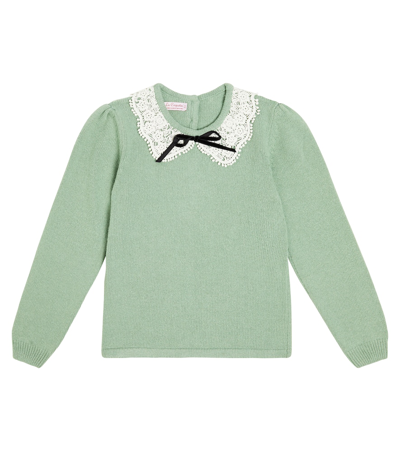 La Coqueta Kids' Lace-trimmed Wool-blend Jumper In Green