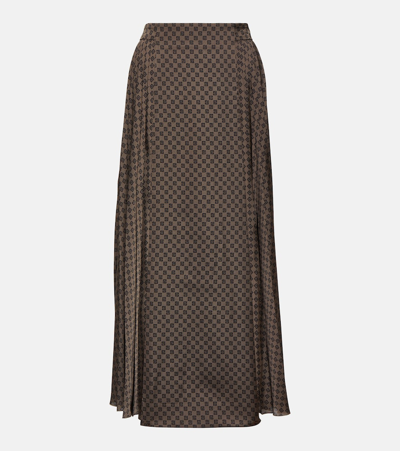 Balmain Monogram-print Pleated Midi Skirt In Brown