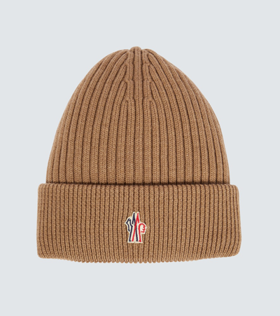 Moncler Logo-embroidered Padded Wool Beanie In Beige