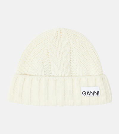 Ganni Cable Knit Wool-blend Beanie In White