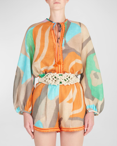 Silvia Tcherassi Molveno Abstract-print Long-sleeve Neck-tie Linen Blouse In Pastel Multi Swirls