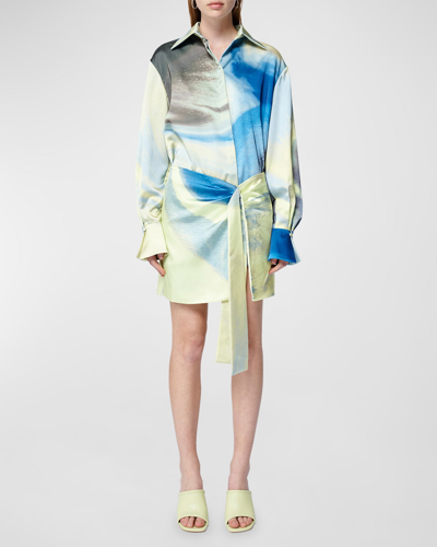 Simkhai Lanie Long-sleeve Waist-tie Mini Shirtdress In Multicolor