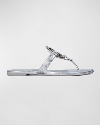 Tory Burch Miller Pave Medallion Thong Sandals In Silver