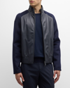 EMPORIO ARMANI MEN'S LEATHER BOMBER JACKET WITH KNIT SLEEVES