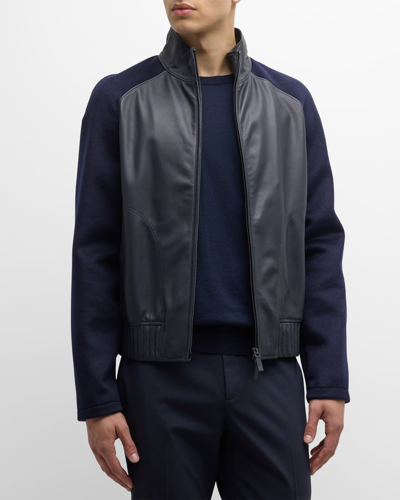 Emporio Armani Men's Leather Bomber Jacket With Knit Sleeves In Solid Blue Navy