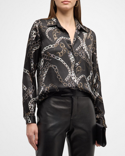 L Agence Tyler Button-front Silk Shirt In Black Multi Grunge Chain