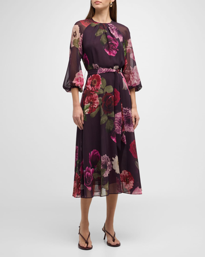 Rickie Freeman For Teri Jon Belted Floral-print Blouson-sleeve Midi Dress In Plum Multi