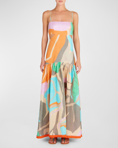 Silvia Tcherassi Shannon Strappy Open-back Drop-waist Maxi Dress In Pastel Multi Swirls