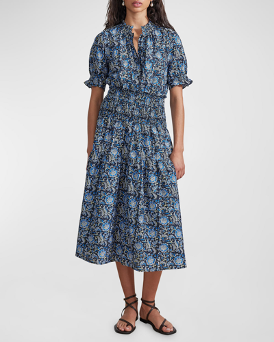 Apiece Apart Las Alturas Smocked Floral-print Midi Dress In Fortuna Folk Flor