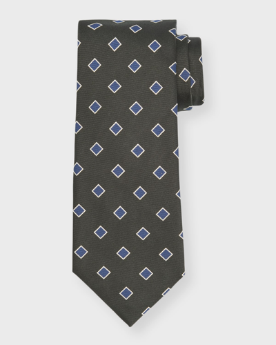 Isaia Men's Square-print Silk 7-fold Tie In Dark Green