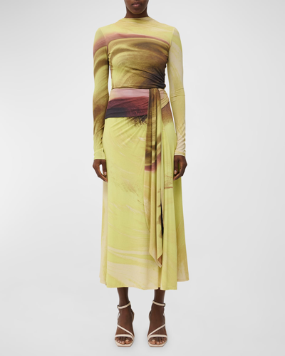 Simkhai Anika Draped Abstract-print Midi Skirt In Yellow