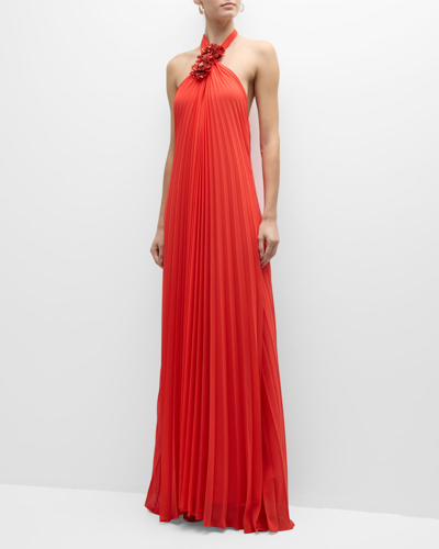 Ungaro Billie Low-back Pleated Flower Halter Gown In Orange