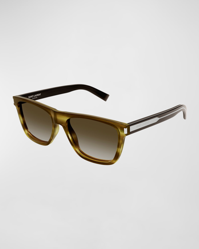 Saint Laurent Men's Sl 619 Acetate Rectangle Sunglasses In Shiny Kaki Melang