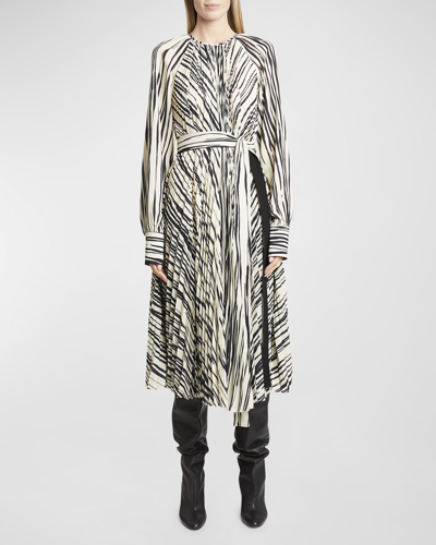 Proenza Schouler Carol Stripe Pleated Belted Midi Dress In Ecru Multi