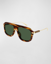 Gucci Men's Back To Web Pilot Recycled Acetate & Metal Sunglasses In Havana