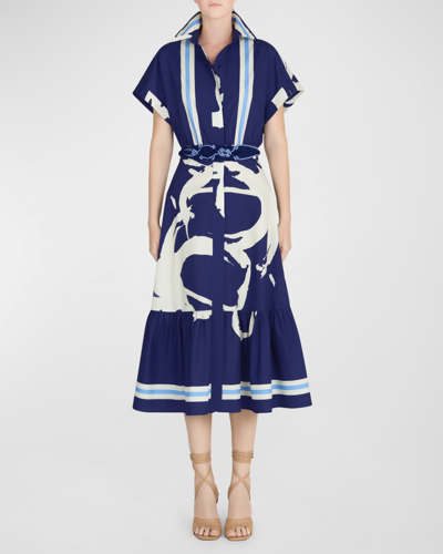 Silvia Tcherassi Loni Abstract-print Belted Midi Shirtdress In Navy Stripes Bloo