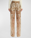 RALPH LAUREN HIGH-RISE FEATHER EMBELLISHED SHEER STRAIGHT-LEG PANTS