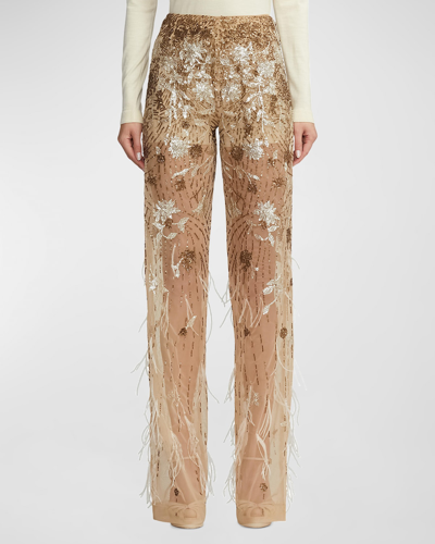 Ralph Lauren High-rise Feather Embellished Sheer Straight-leg Pants In Beige