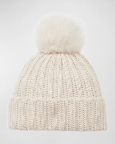 Bruno Magli Ladder Stitch Cashmere Beanie With Pom In Neutral