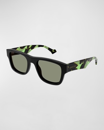 Gucci Men's Acetate Rectangle Sunglasses In 005 Black Green