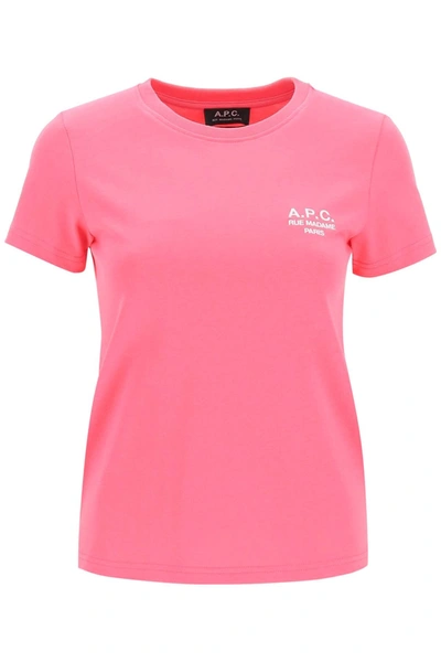 Apc Solid Color Denise Crew-neck T-shirt With Emnbroidered Logo In Pink