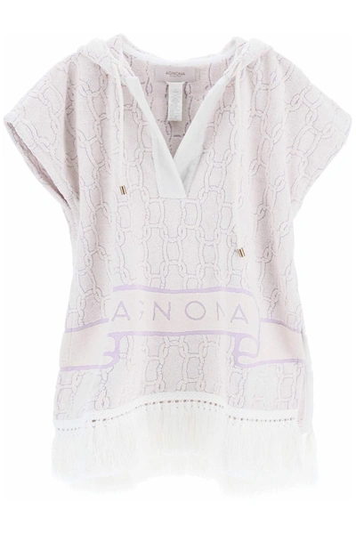 Agnona Terry Poncho With Chain Motif In White,purple