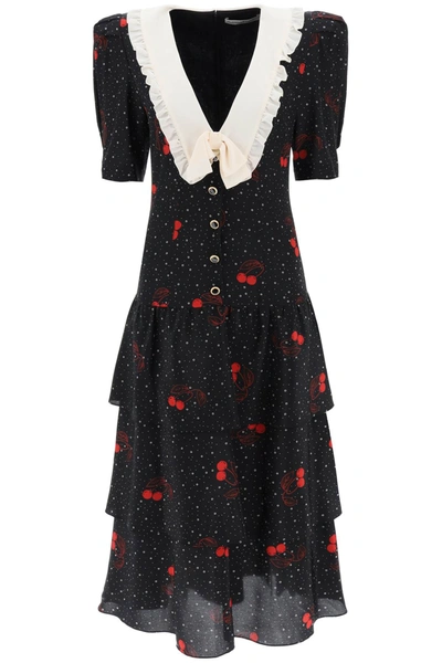 Alessandra Rich Dress With Cherry Pattern And Contrasting Collar In Black