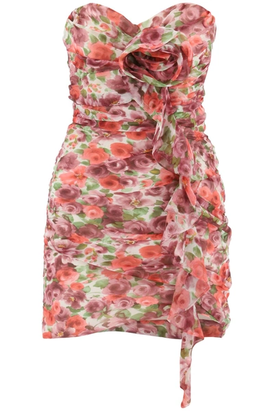 Alessandra Rich Strapless Gathered Appliquéd Floral-print Silk-georgette Mini Dress In Multi-colored