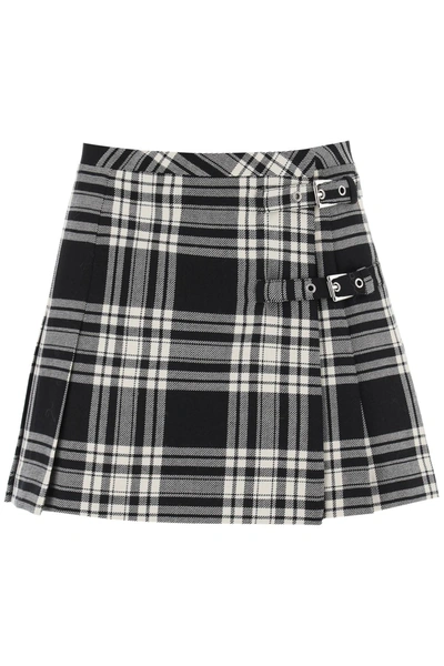 Alessandra Rich Tartan Mini Skirt With Buckles In Grey