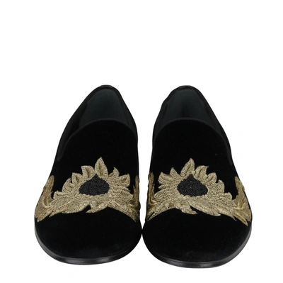 Alexander Mcqueen 's Gold Embroidered Detail Black Velvet Slip On Shoes