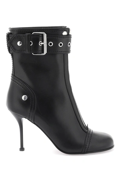 Alexander Mcqueen Leather Ankle Boots With Buckle Women In Black