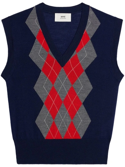 Ami Alexandre Mattiussi Merino Wool Argyle Check Vest In Multi-colored