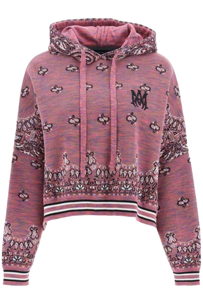 Amiri Cropped Embroidered Space-dyed Cotton-jacquard Hoodie In Purple