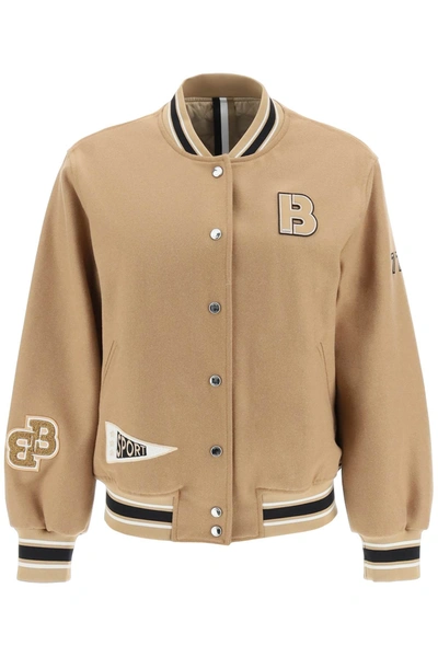 Hugo Boss Wool Bomber Jacket With Patch In Beige