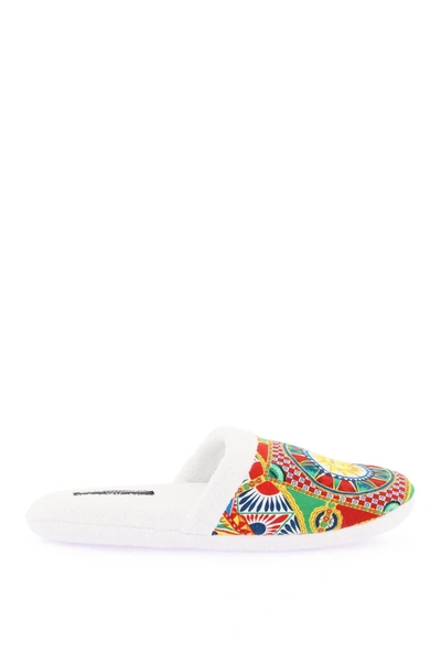 Dolce & Gabbana Carretto Siciliano-print Terry Slippers In White