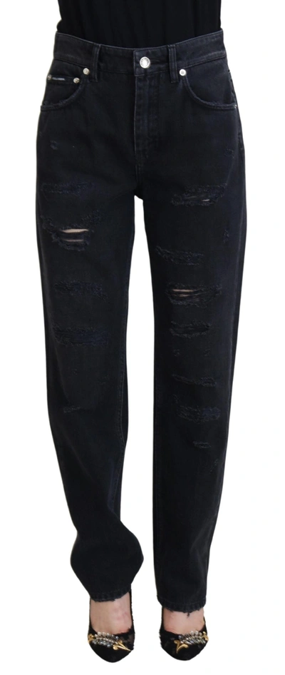 DOLCE & GABBANA BLACK COTTON TATTERED HIGH WAIST DENIM JEANS