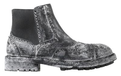 Dolce & Gabbana Black Grey Leather Ankle Boots