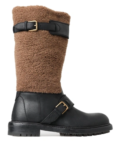 Dolce & Gabbana Black Leather Brown Shearling Boots