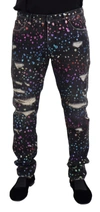 DOLCE & GABBANA BLACK MULTICOLOR PRINT TATTERED DENIM JEANS