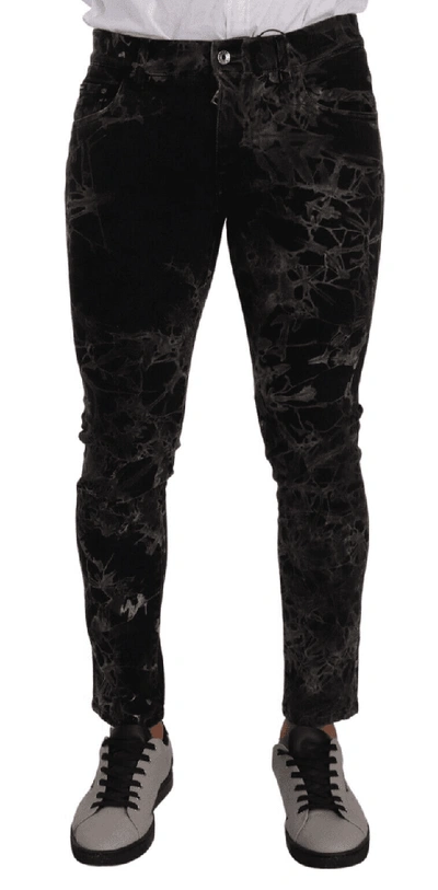 Dolce & Gabbana Black Patterned Skinny Slim Fit Jeans In Black And Grey