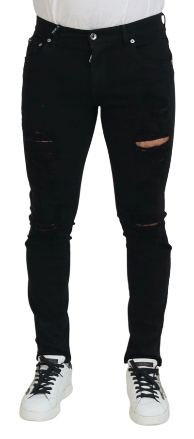 Dolce & Gabbana Black Slim Fit Tattered Denim Cotton Jeans