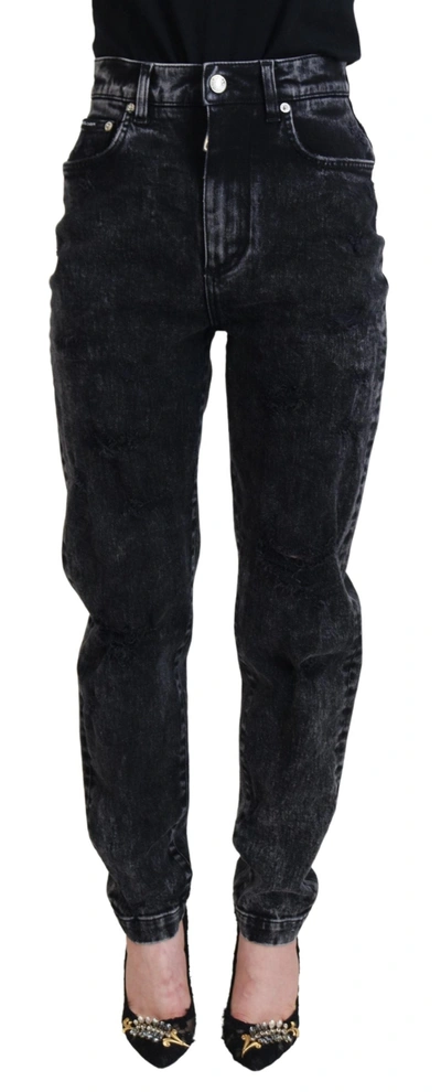 DOLCE & GABBANA BLACK WASHED COTTON HIGH WAIST DENIM JEANS