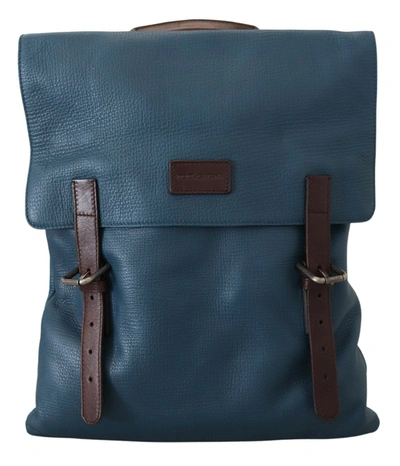 DOLCE & GABBANA BLUE CALFSKIN LEATHER LOGO PLAQUE MEN BACKPACK BAG