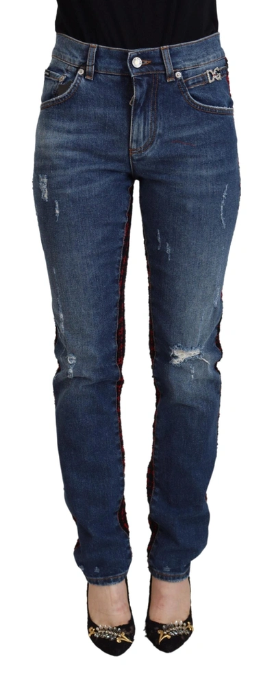DOLCE & GABBANA BLUE CHECKERED BACK SKINNY DENIM JEANS