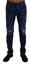 Dolce & Gabbana Blue Cotton Skinny Tattered Denim Jeans In Blue