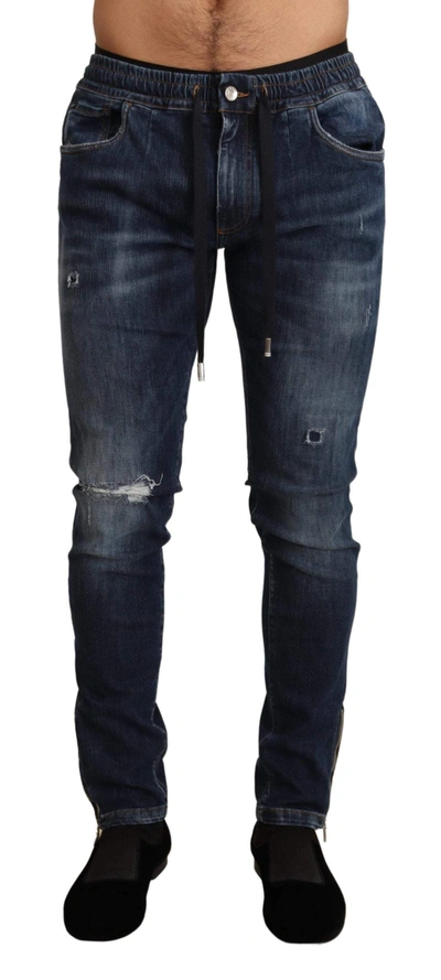 Dolce & Gabbana Blue Cotton Stretch Tattered Denim Jeans