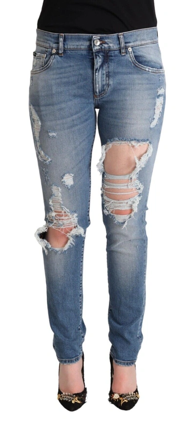 Dolce & Gabbana Blue Distressed Cotton Denim Skinny Jeans