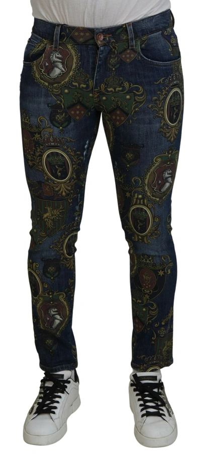 Dolce & Gabbana Blue Heraldic Print Cotton Skinny Denim Jeans