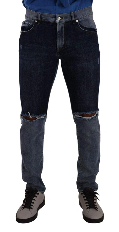 Dolce & Gabbana Blue Two Tone Tattered Cotton Slim Denim Jeans